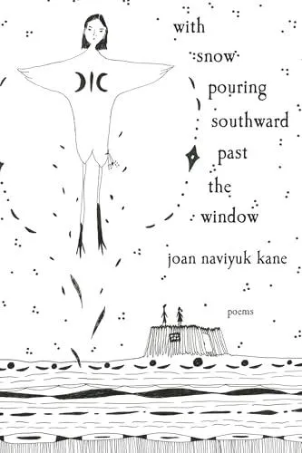 with snow pouring southward past the window